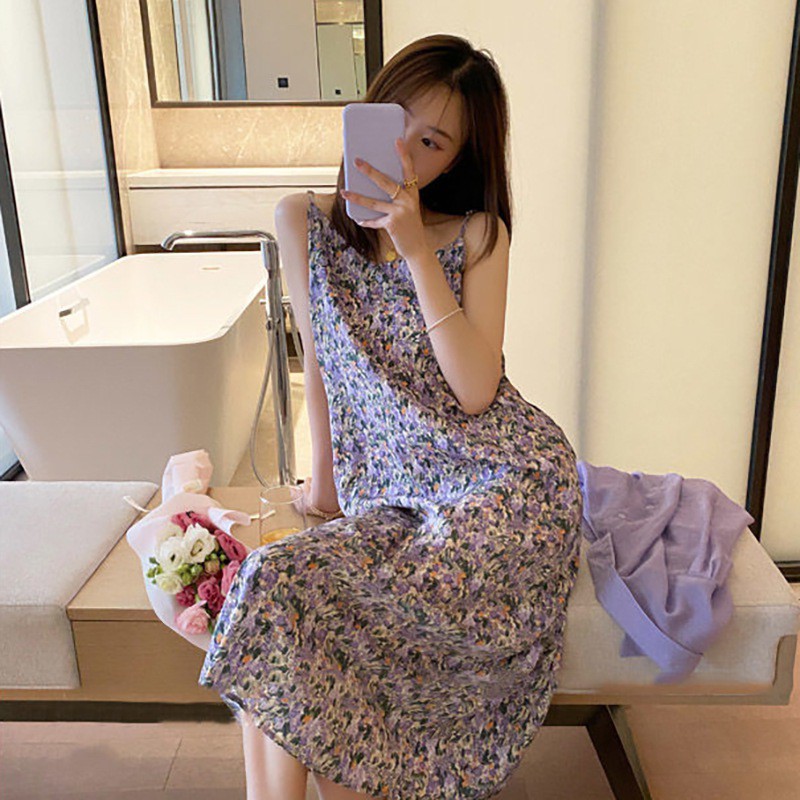 Đầm Hoa Cổ Chữ V Phong Cách Retro Cho Nữ