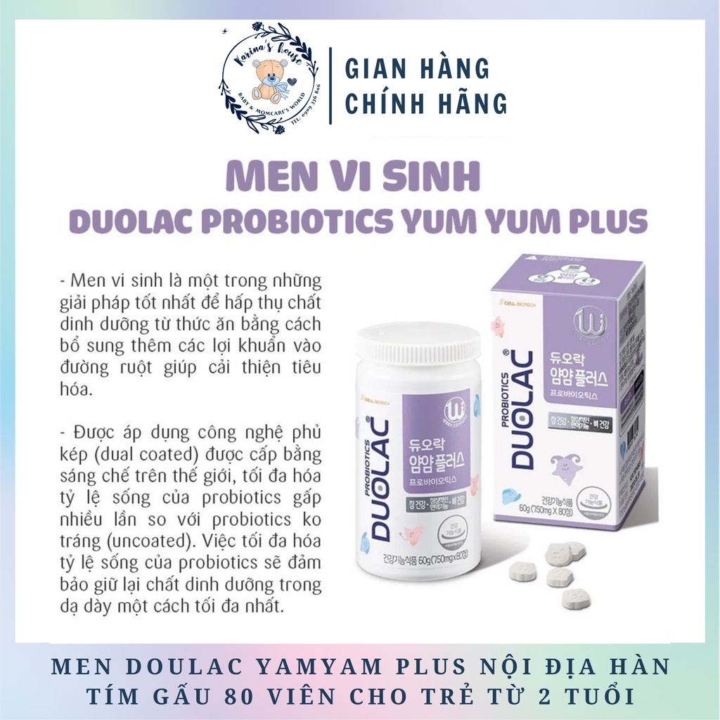 Men Duolac Yamyam Plus tím gấu 80 viên cho trẻ từ 2 tuổi chính hãng nội địa Hàn