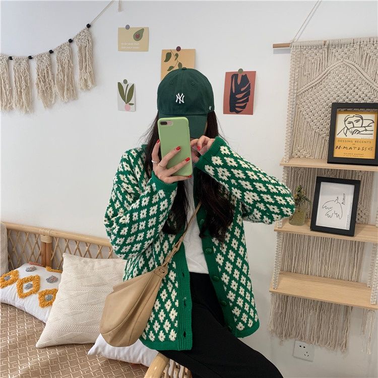 Áo Khoác Cardigan Dệt Kim Tay Dài Dáng Rộng Đính Đá Phong Cách Retro Hàn Quốc