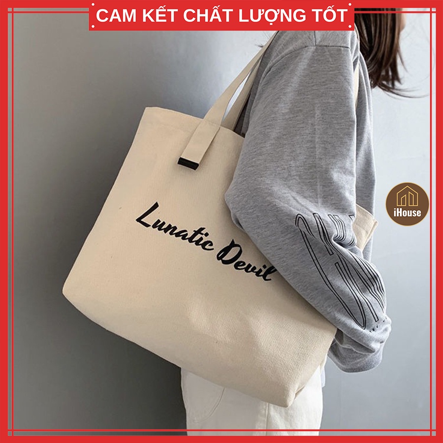 Túi vải  xịn đeo vai phong cách Hàn Quốc, Túi vải bố 2 ngăn có khóa kéo đeo chéo du lịch đi chơi tiện lợi iHouse