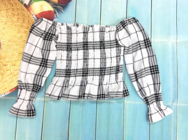 Áo kiểu nhún nữ sọ trắng đen, chất vải dày đẹp ôm dáng