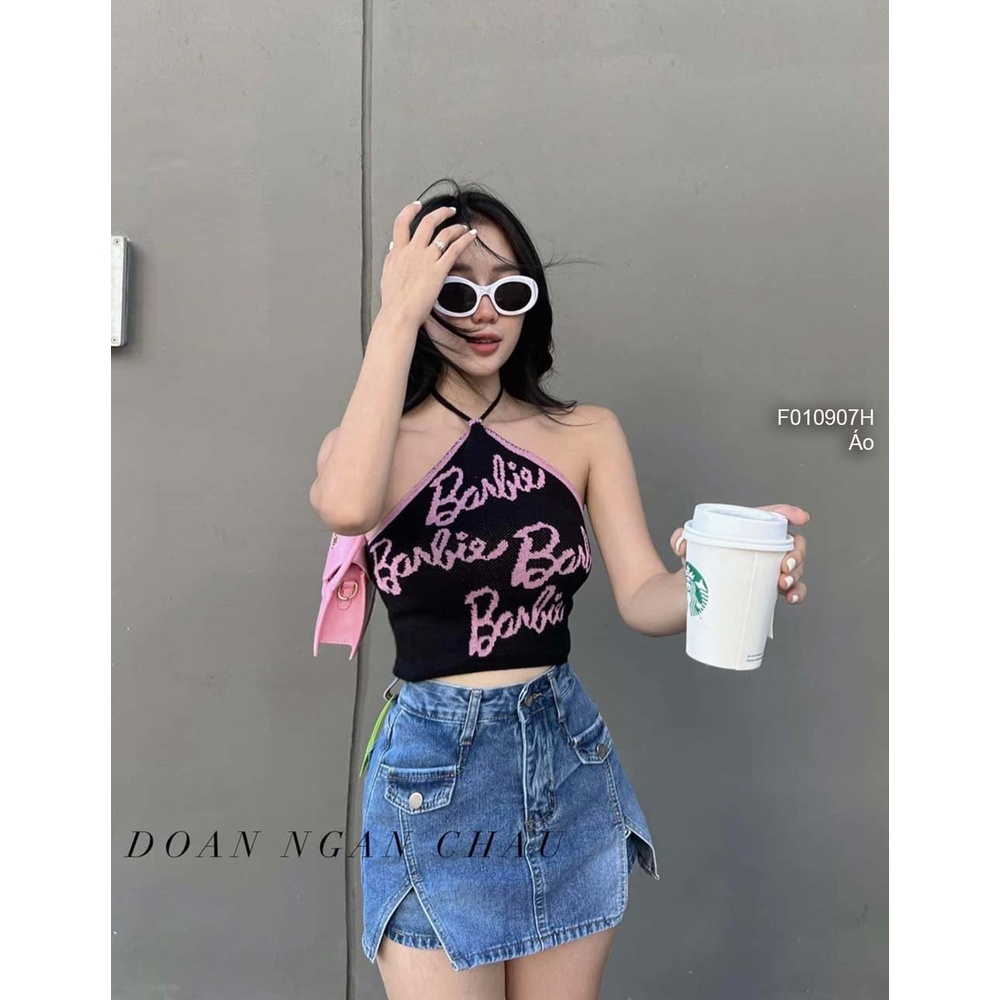 Áo len croptop họa tiết chữ barbie cổ yếm hàng QC
