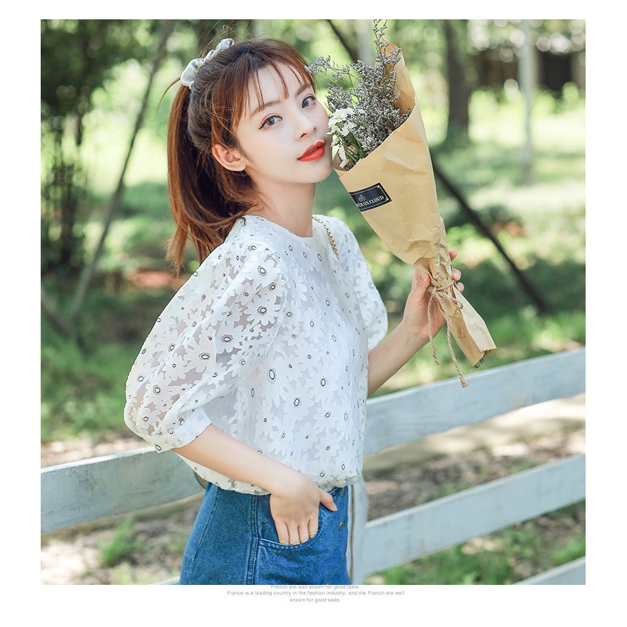 Korean Floral Print Cute Casual Blouse Women Summer Lantern Short Sleeve Top White | BigBuy360 - bigbuy360.vn