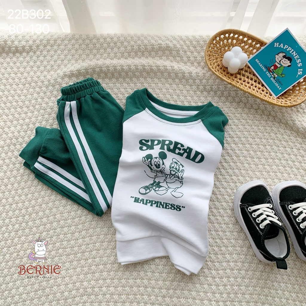 Bộ thu đông bé trai hoạ tiết, bộ thun dài tay cho bé vải da cá dày dặn Bernie