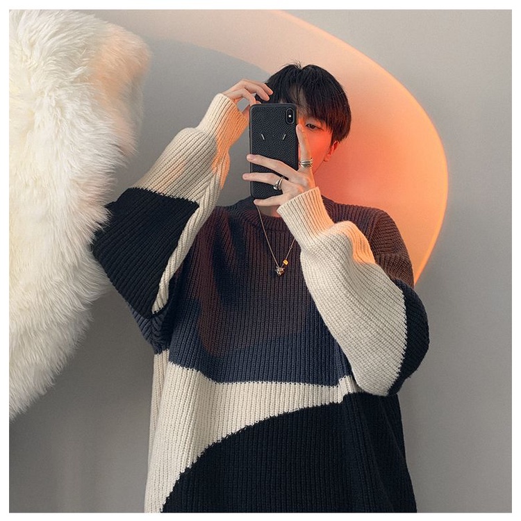 Áo Khoác Sweater Dệt Kim Dáng Rộng Phối Màu Tương Phản Thời Trang Thu Đông 2022 Cho Nam
