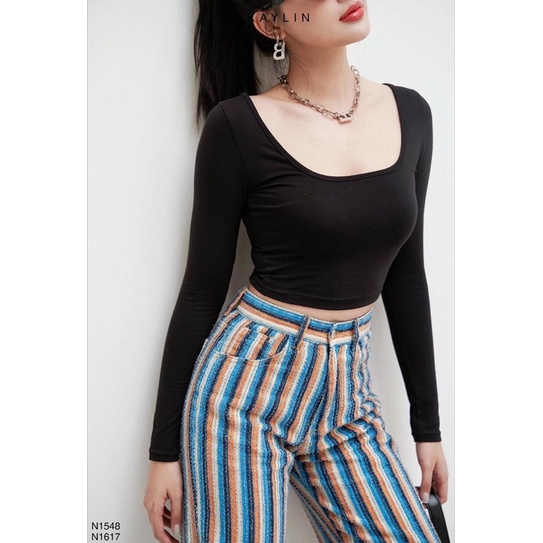 Áo tay dài cổ vuông Croptop ôm body style mùa thu đông