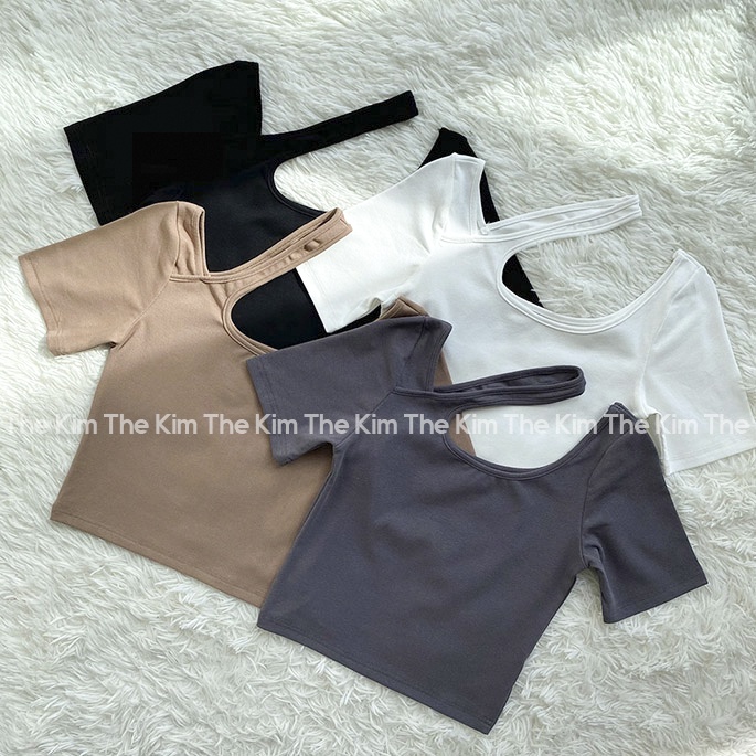 Áo thun croptop ngắn tay chất cotton phối dây chéo cổ , áo phông basic The Kim A110