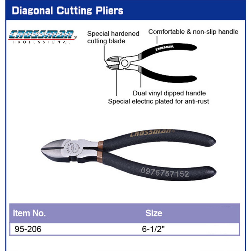 Kìm điện, cắt, nhọn thép CR-V CROSSMAN U.S.A (Cán đen) - Chính hãng