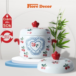 Hũ chưng yến bằng sứ , thố chưng yến họa tiết cherry có nắp fiore