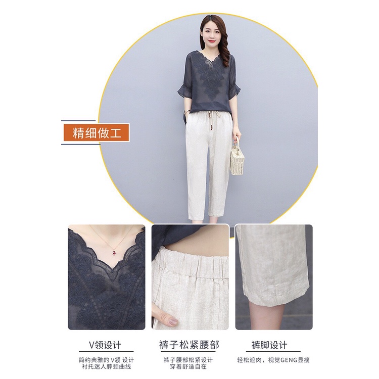 144055 Bộ áo và quần dài vải cotton nữ hè tay ngắn hàng nhập