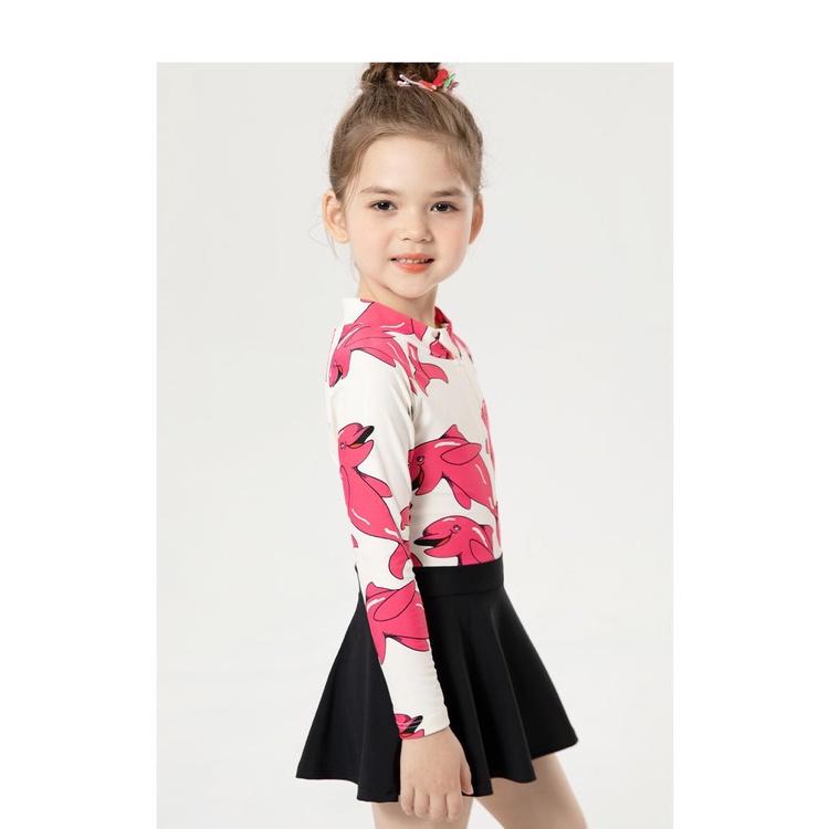 Đồ bơi bé gái liền thân chân váy Moma Song họa tiết Cá heo Hồng sen 907182