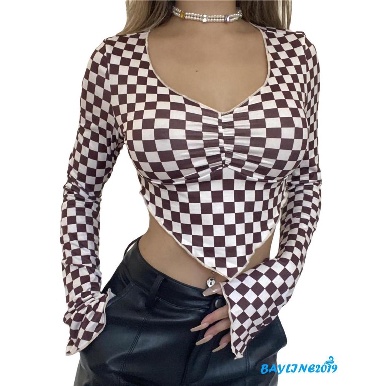 Áo croptop tay dài cổ chữ V họa tiết caro thời trang cho nữ