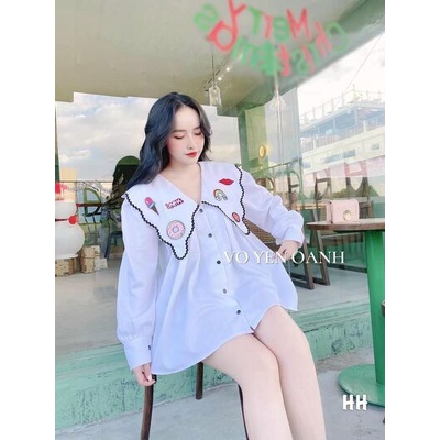 Áo sơ mi cổ sen vát thêu hình đáng yêu
