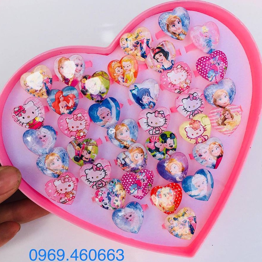 🔥HOT🔥 Hộp 50/36 Nhẫn Nhựa Công Chúa Elsa, Anna, Bạch Tuyết, Tóc Mây, Sofia, Tiên cá, Kitty, Ngựa Pony, Kitty...