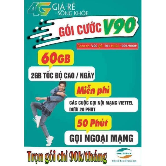 Sim 4G Viettel V90 62GB/tháng miễn phí nghe gọi