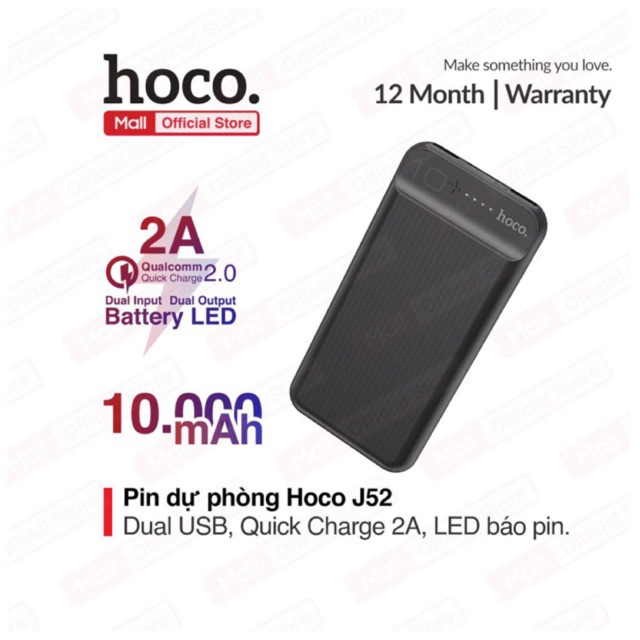 Pin sạc dự phòng Hoco J52 2 cổng ra USB dung lượng 10000mAh có đèn LED hiện thị pin