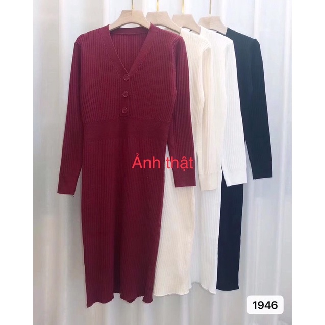 (CÓ SẴN) Đầm Váy Len Nữ Váy Body Dáng Dài Cổ Chữ V Phối Cúc Loại Đẹp | BigBuy360 - bigbuy360.vn