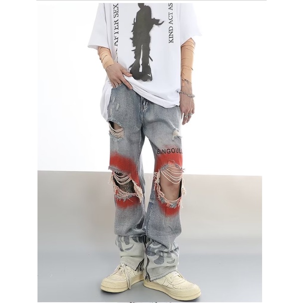 Quần Jean Dài Dáng Rộng Phối Rách Kiểu hip-hop Đường Phố Cá Tính Cho Nam Và Nữ