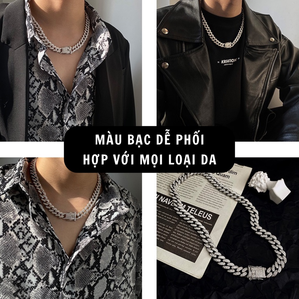 Vòng cổ nam nữ dây chuyền thời trang vòng lắc tay unisex màu bạc đính đá Merin Accessories Titan không gỉ - Cuban đá