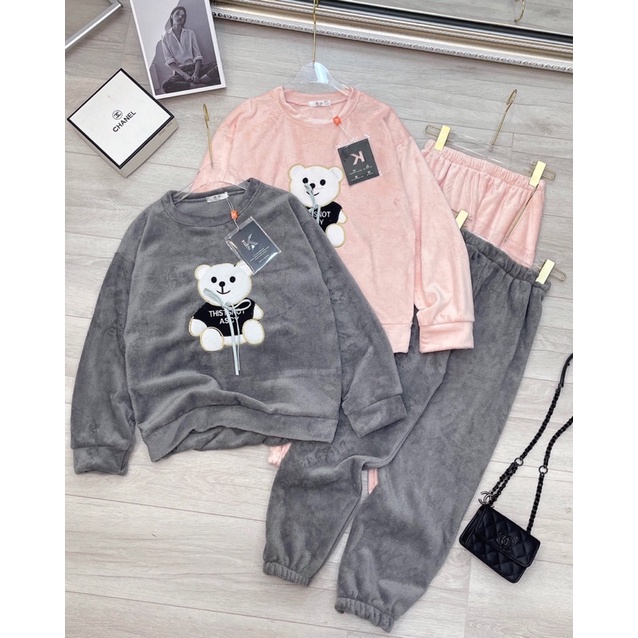 Set quần áo nhung thêu gấu - quần áo nhung nỉ mặc ở nhà - Quần bomer nhung | BigBuy360 - bigbuy360.vn