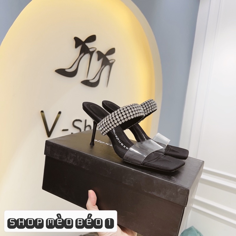 Guốc wang quai đá ngang mica gót nhọn fullbox