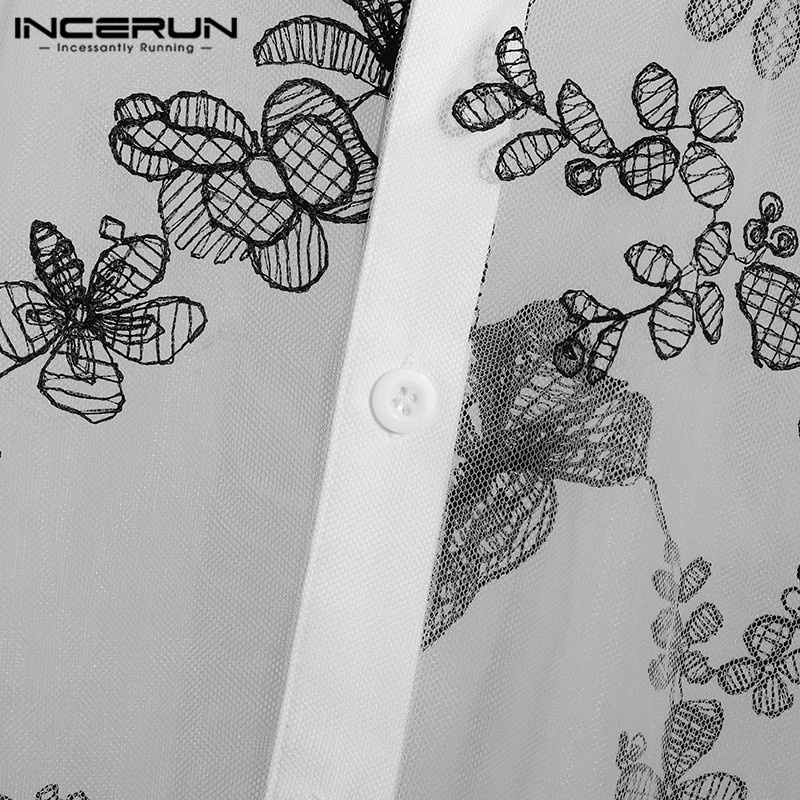 Áo sơ mi INCERUN tay ngắn xuyên thấu thêu hình bướm thời trang cho nam