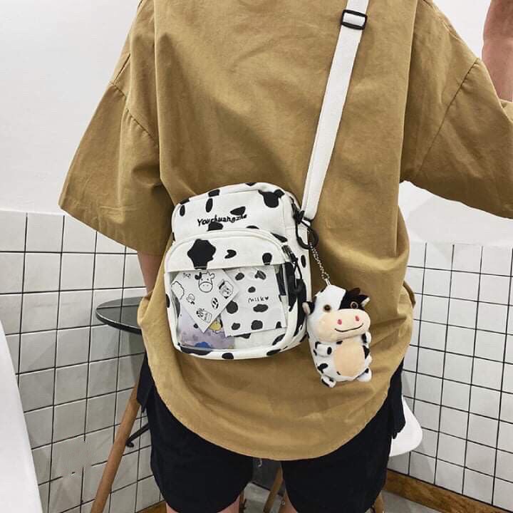 Túi Bò Sữa - Túi Vải đeo chéo Canvas Nam Nữ Phong cách Hàn Quốc in bò sữa trong suốt bóng kính