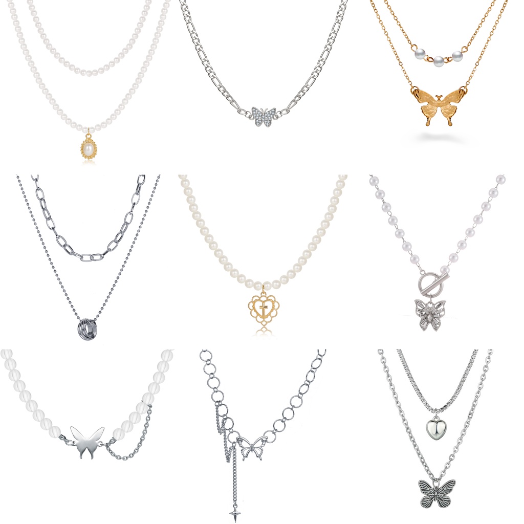 Dây chuyền choker DODDER bằng hợp kim phối ngọc trai nhân tạo mặt hình bướm/hình trái tim thời trang Hàn Quốc cho nữ