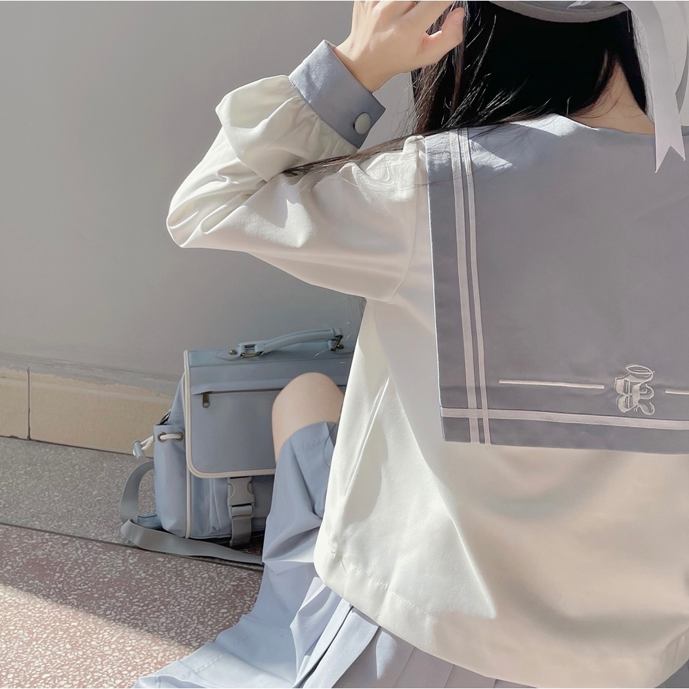 Seifuku/ Set váy đồng phục học sinh Nhật Bản Thanh Thu: áo cổ thủy thủ thêu thỏ + khăn quàng + chân váy xòe