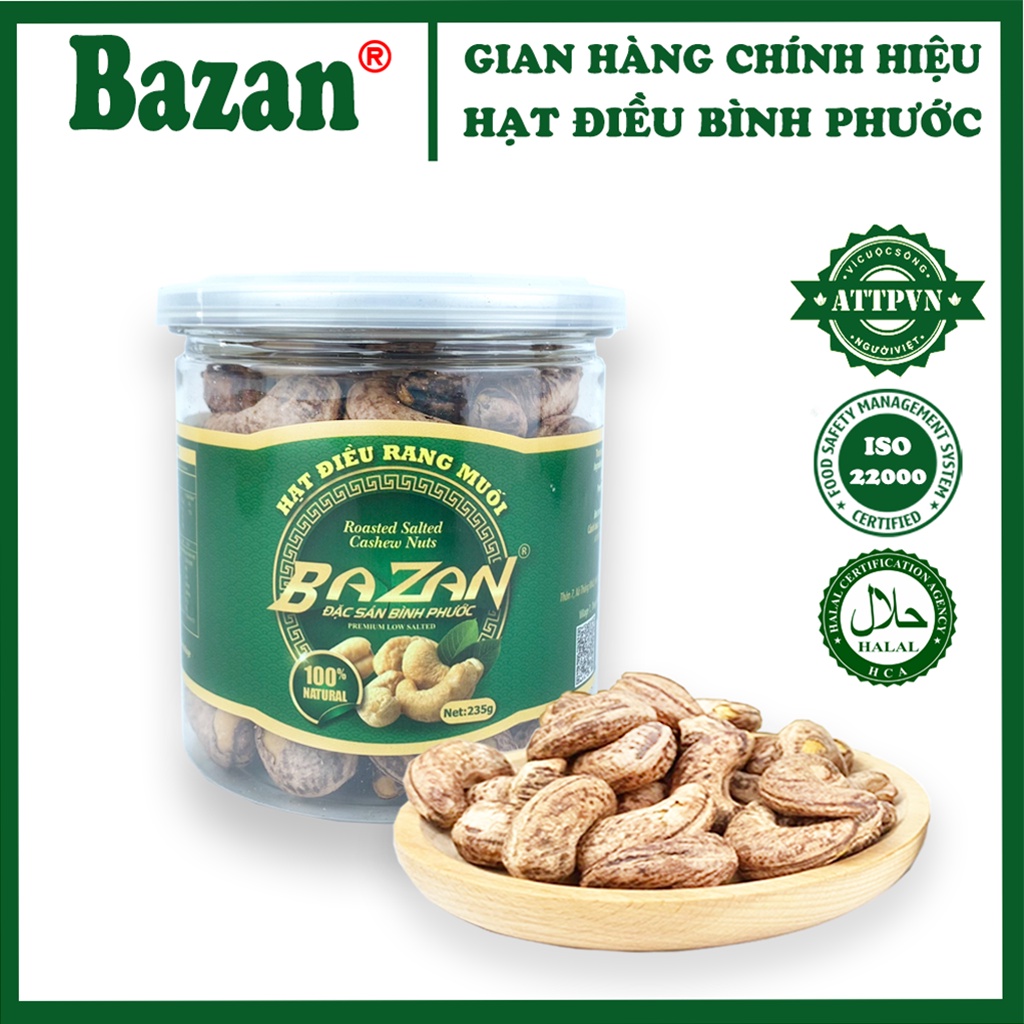 Hạt điều rang muối Bazan Bình Phước nguyên hạt dinh dưỡng A+ loại 1 hộp 235g nắp bật còn vỏ lụa | BigBuy360 - bigbuy360.vn