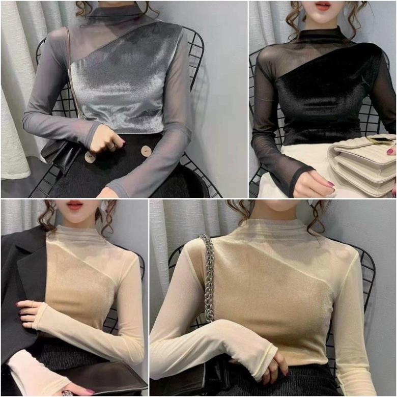 Áo nhung giữ nhiệt cổ 3 phân phối tay lưới siêu sang chảnh