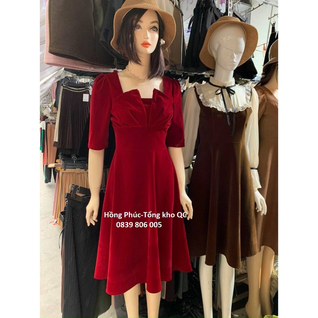 Váy nhung đỏ tay lỡ tiểu thư thiết kế trẻ trung sang trọng chuẩn ảnh chất lượng_Hồng Phúc Tổng kho hàng QC