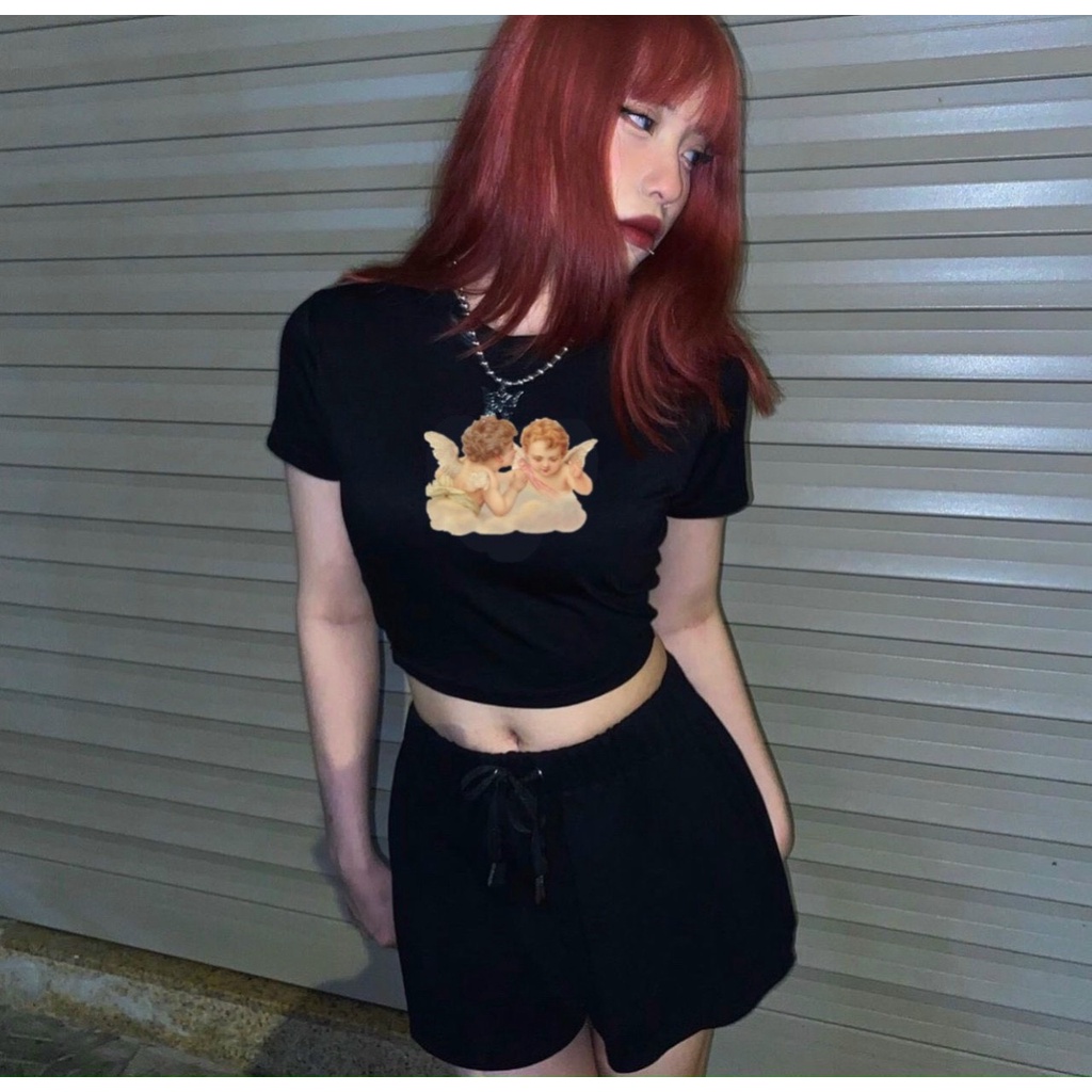 áo croptop thun lụa tay ngắn in 3d thiên thần xinh na
