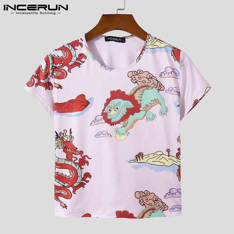 Áo thun INCERUN ngắn tay dáng ôm in họa tiết rồng thời trang cho nam