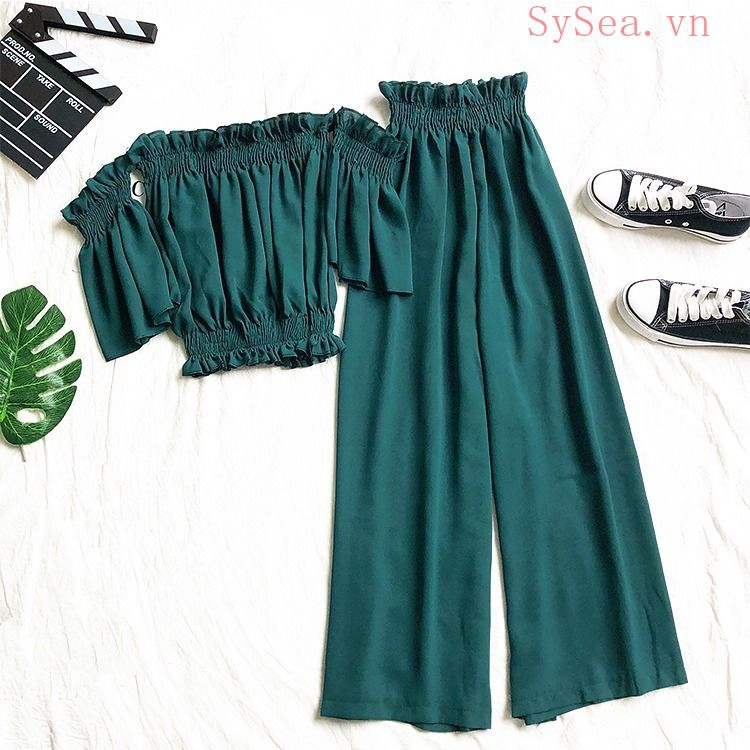 Set áo trễ vai và quần ống rộng kiểu dáng thời trang cho nữ | WebRaoVat - webraovat.net.vn