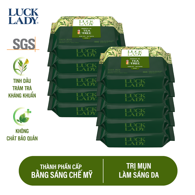 [Mã LT50 giảm 50k đơn 250k] Combo 10 gói khăn ướt Luck Lady Tea Tree Oil 25 tờ/ gói