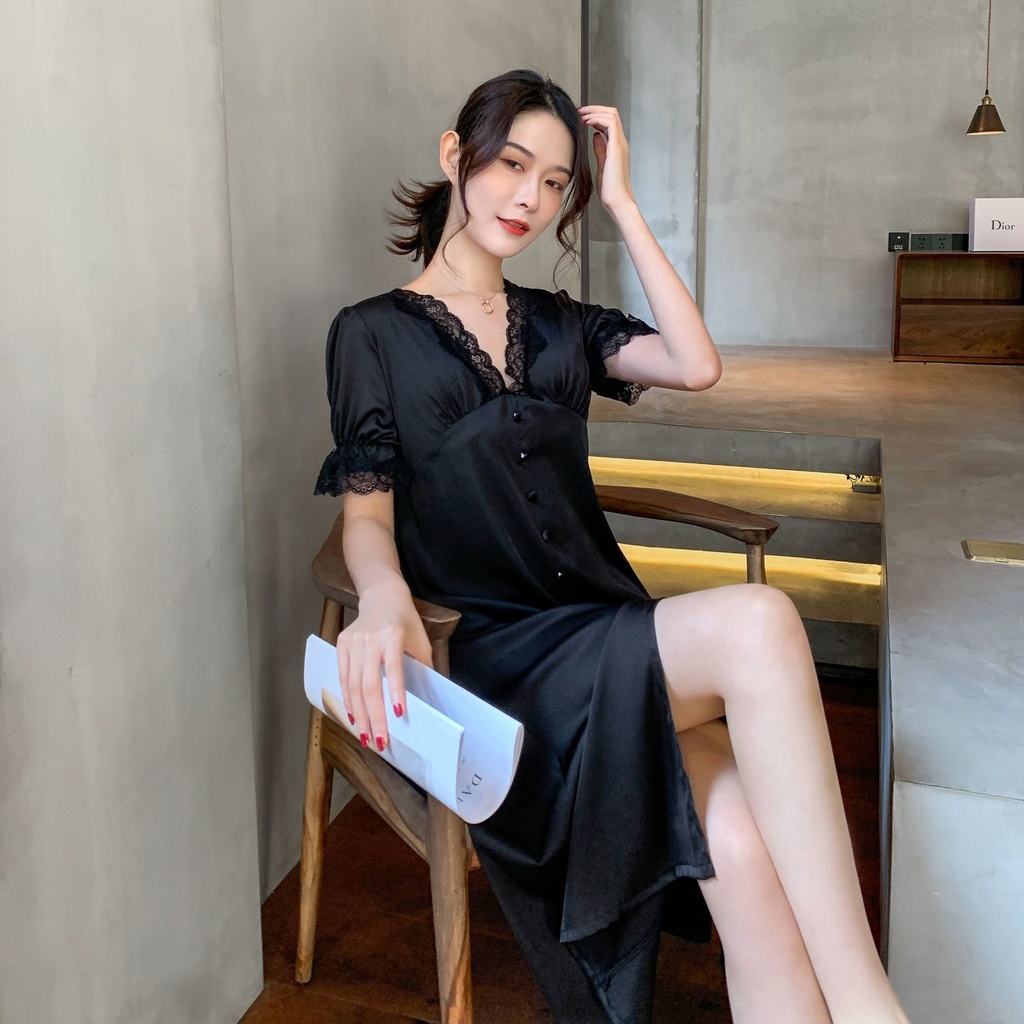 Đầm Ngủ Dáng Dài Vải Lụa Satin Phối Ren Thời Trang Xuân Hè Quyến Rũ Cho Nữ