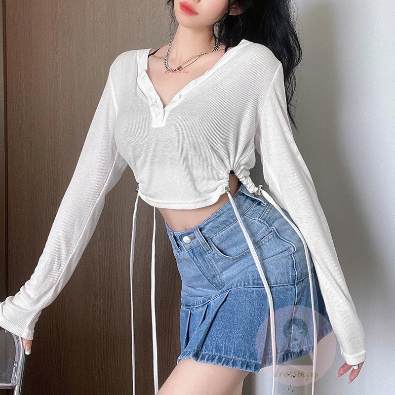 Áo Thun Tay Dài Cổ Chữ V Màu Sắc Thời Trang Dành Cho Nữ