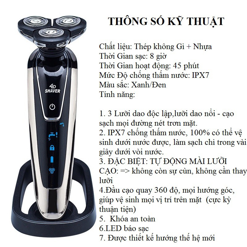 Máy cạo râu cao cấp Shaver tự động mài 3 lưỡi dao - bộ dao cạo râu điện sử dụng pin sạc cổng USB tiện lợi