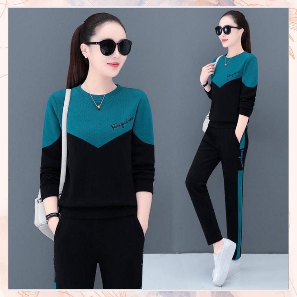 Đồ bộ thu đông nữ dài tay chất umi hàn thêu chữ nổi - đồ bộ thể thao nữ cổ tròn có túi sâu