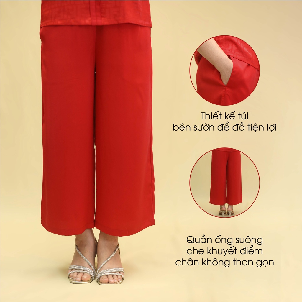 Đồ Bộ Trung Niên Nữ Lụa Họa Tiết Cao Cấp ANCHI B30 Đỏ, Bộ Mặc Nhà Quà Tặng Cho Mẹ