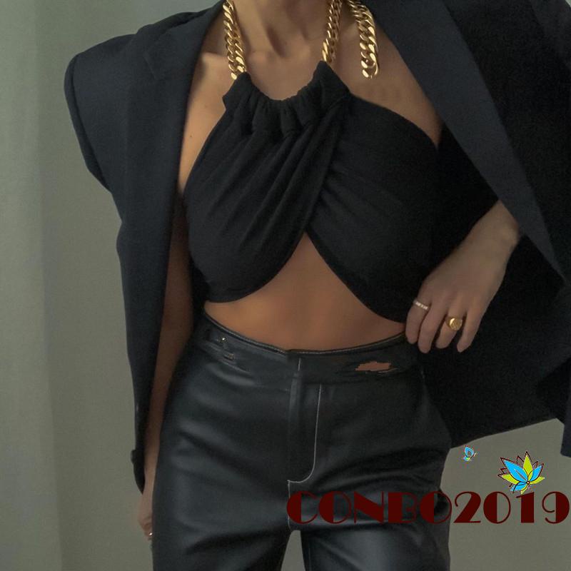 Áo Croptop Sát Nách Hở Lưng Phối Dây Xích Kim Loại Thời Trang Mùa Hè Cho Nữ