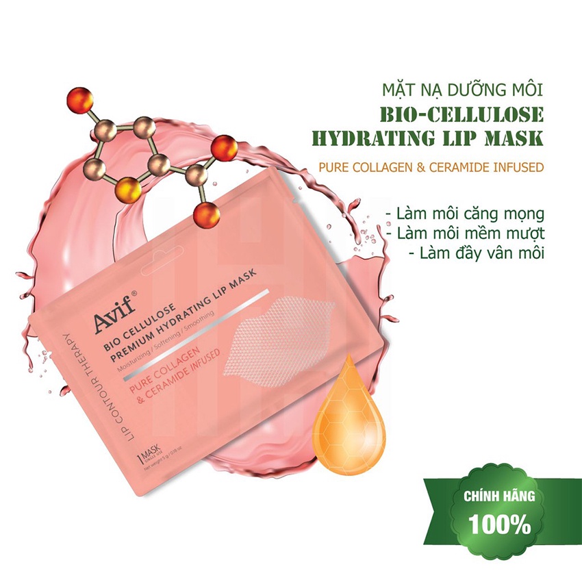 Mặt nạ môi collagen tươi dưỡng môi AVIF Bio Cellulose Premium Hydrating Lip Sleeping Mask 5g cấp ẩm làm hồng chống nẻ