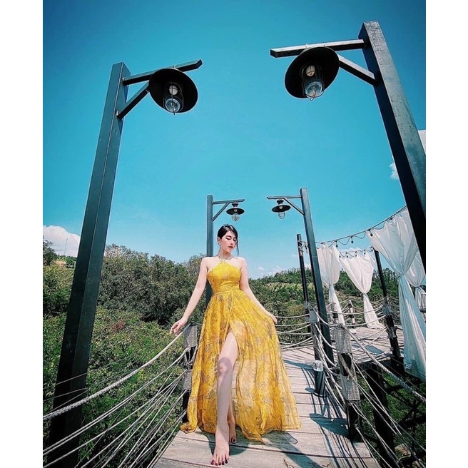 Đầm maxi hoạ tiết voan cổ yếm đan dây lưng xẻ đùi Xanh Vàng váy đi chơi dạo phố du lịch đi biển sexy hotgirl tk