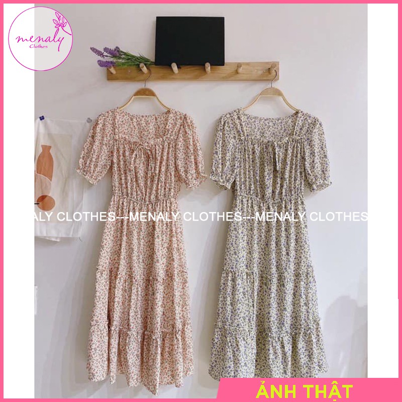 Váy hoa nhí tiểu thư cổ vuông tay bồng ngắn VH043, mẫu váy đầm 2 lớp nữ dáng xòe tầng nữ tính cổ nơ