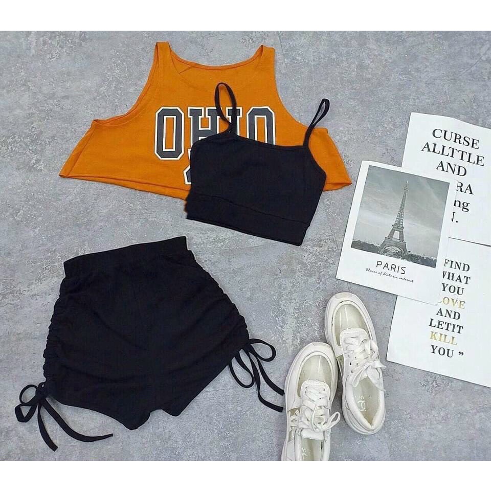 sét bộ áo nữ croptop quần đùi dây rút 2 bên _U37