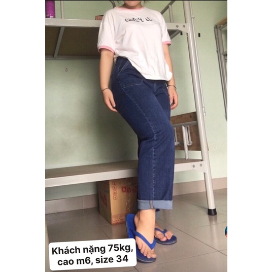 Quần jeans nữ bigsize ống suông, lưng cao trên rốn, co giãn mạnh