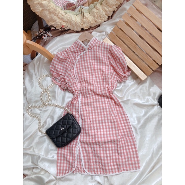 Đầm caro hồng cổ tàu , váy nữ cổ tàu siêu đẹp , váy nữ đi tiệc | BigBuy360 - bigbuy360.vn