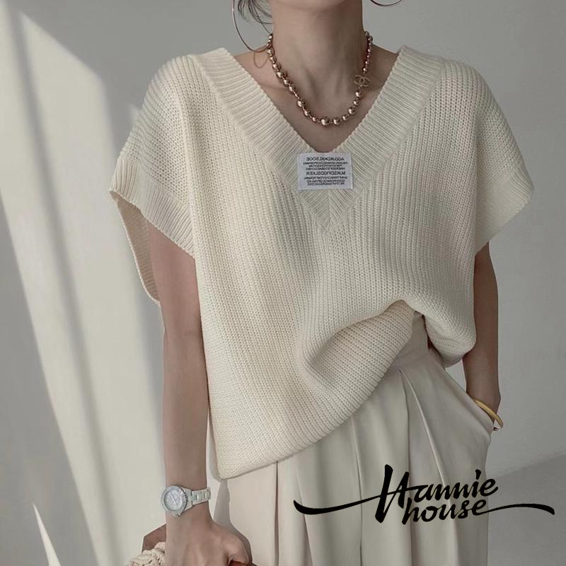 Áo dệt kim cổ chữ V in chữ thời trang dành cho nữ