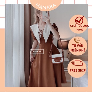 Đầm cổ sơ mi dáng dài thắt nơ ngực ,váy bigsize tay ngắn phồng màu đen nude nâu 50-95kg hanaba